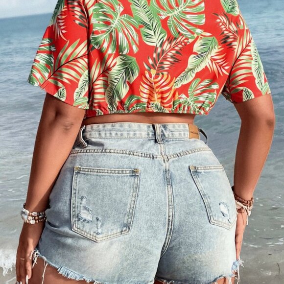 SHEIN Curve Womens Tropical Print Knot Front Crop Blouse 2X Beachy Summer NWOT - Picture 4 of 16